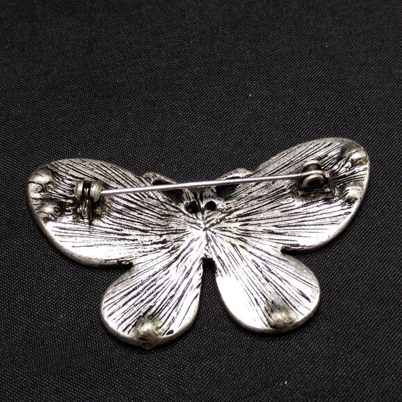 Butterfly Enamel & Rhinestone Brooch, Silver Tone, 1980s Vintage Jewelry - Picture 9 of 10